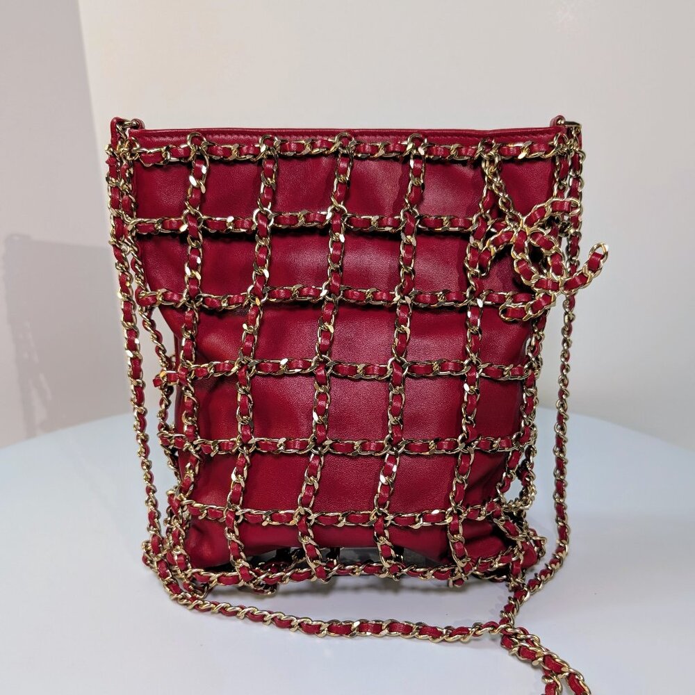 Chanel Limited-Edition Red Lambskin Runway Chain Cage Shopping Bag—-SOLD